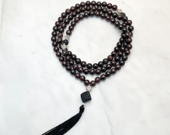 Mala de granate con lava negra y dragón de cinabrio, collar de 108 cuentas, piedras preciosas para curar, calmar y eliminar la energía negativa.