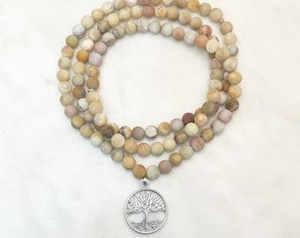 Mala Árbol de la Vida en Amazonita Marrón, Collar de 108 Cuentas, Colgante Árbol de la Vida