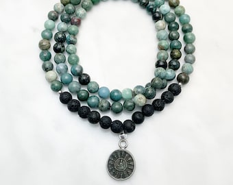 African Jade, Moss Agate, and Black Lava Mala Beads with Sun Buddha, 108 Beaded Necklace, gemstones for love, abundance, and grounding