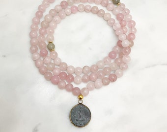 Rose Quartz Mala Beads with Labradorite, 108 Beaded Necklace, Lotus Pose Thai Buddha