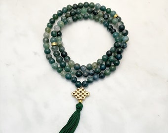 Moss Agate Mala Beads, 108 Beaded Necklace, with Buddhist Inifinity Knot, gemstones for abundance, grounding, and connecting to nature