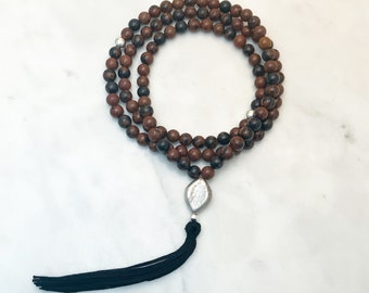 108 Mahogany Obsidian Mala Beads with Thai Silver, mala for spiritual progress and self-acceptance