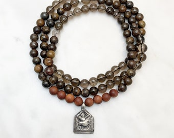 Antique Warrior Mala in Bronzite, Smokey Quartz, and Sandalwood. One of a Kind, circa 1940.