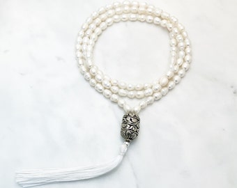 Pearl Mala Beads with Tibetan silver, beaded necklace for faith, hope, purity, honesty, love