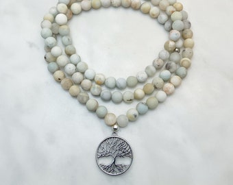 Mala Árbol de la Vida en Amazonita Verde, Collar de 108 Cuentas, Colgante Árbol de la Vida