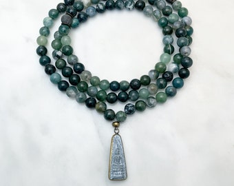 Moss Agate and Black Amazonite Mala Beads with Thai Buddha, 108 Beaded Necklace, gemstones for abundance, prosperity, connecting with nature
