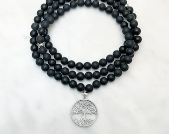 Black Agate Mala Beads with Tree of Life Pendant, 108 Beaded Necklace, gemstones for grounding and calming