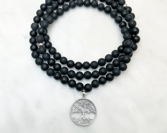 Mala de ágata negra con colgante del árbol de la vida, collar de 108 cuentas, piedras preciosas para conectar a tierra y calmar.
