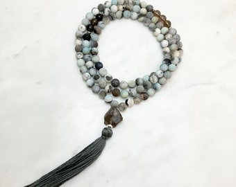 Rare Black Amazonite Mala Beads with Smoky Quartz, 108 Mala Beads - goddess energy, truth, communication, transmutation of negative energy