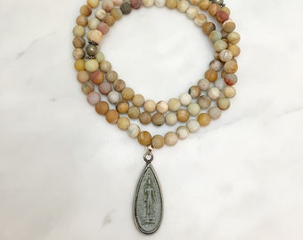 Mala Sukhothai en amazonita marrón, collar de 108 cuentas, piedras preciosas para expresar la verdad del corazón y tener sueños lúcidos.