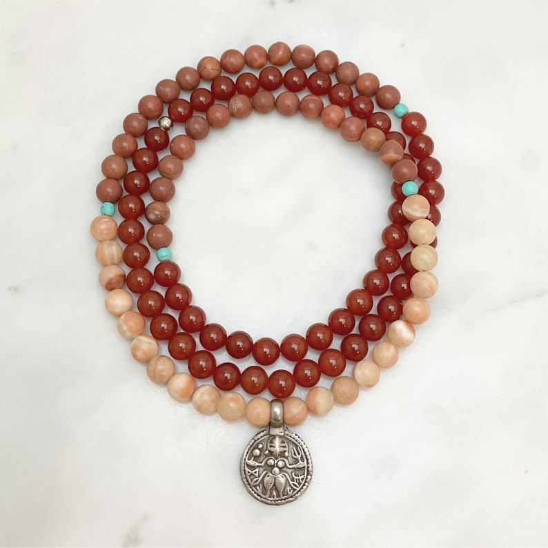 Antique Shiva Mala Beads in Red Malachite, Carnelian, Howlite Turquoise, 108 Beaded Necklace, gemstones for healing and creativity image 1