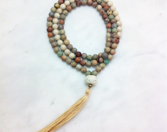 108 Serpentine and Riverstone mala beads, beaded necklace for spiritual awakening, and relaxing into the flow of life