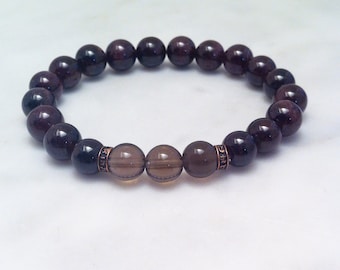 Unisex Garnet Mala Bracelet with Smokey Quartz and Om Mani Padme Hum Mantra