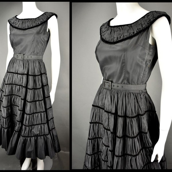 1950s Swing Dress Black Silk Velvet Pleated Taffeta Gown Circle Skirt / XS Small