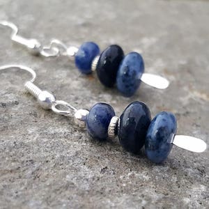 Blue Dumortierite Rondelle Gemstone Bead Earrings / Silver Paddle Pins / Sterling Silver Ear Wires / Navy Denim Stone