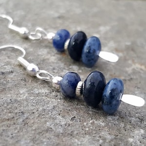 May include: A pair of silver dangle earrings with blue and black gemstone beads.