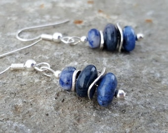 Blue Hued Dumortierite Rondelle Stones Silver Wavy Disc Pierced Earrings in Navy Denim Tone