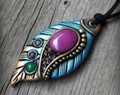 Polymer clay pendant, Fairy clay pendant, Elvish necklace, Autumn clay pendant, Gypsy boho jewelry, clay leaf pendant, clay feather pendant