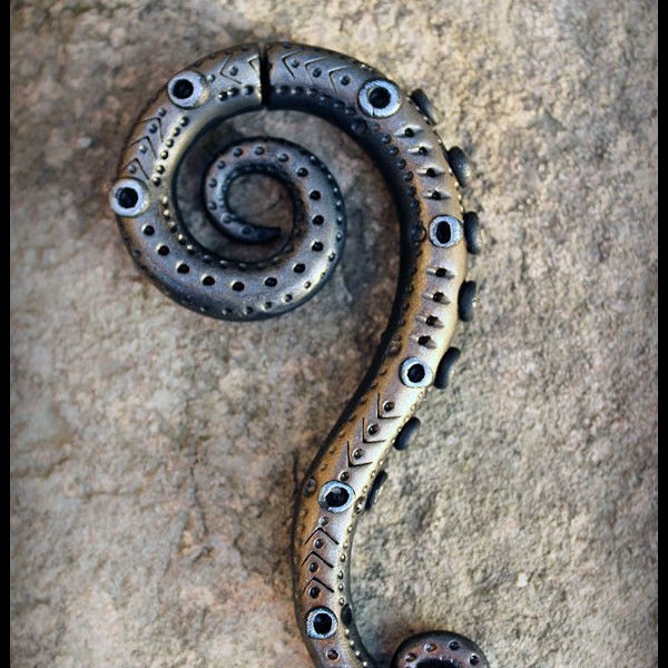 Fake gauge Earring tribal octopus tentacle steampunk black bronze metal look polymer clay trends 2013 summer festival - made to order