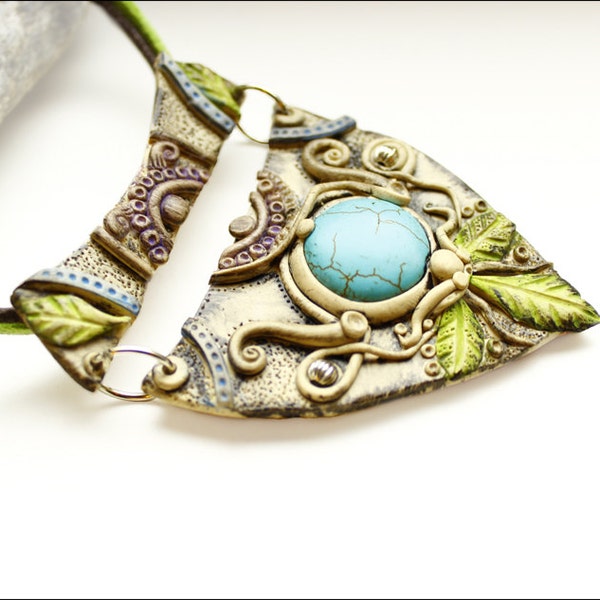 FREE SHIPPING, Spring necklace, clay necklace, fantasy clay necklace, boho jewelry, spirit jewelry, ethnic, turquoise stone, nature necklace