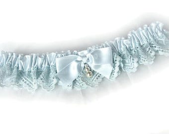 Boxed Personalised light blue or light ivory  satin/lace garter wedding bridal bridesmaids toss hen throw