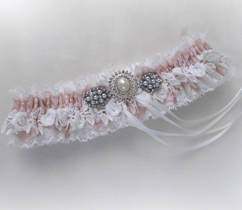 Personalized Off white Ivory light pink lace garter wedding bridal garter Vintage inspired