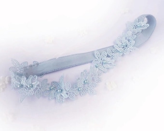 UK Pale Blue cotton lace flowers garter pearls wedding bridal toss through garter