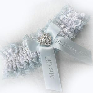 UK Vintage style blue & ivory ( white, champagne) lace wedding bridal Personalised garter any size / language