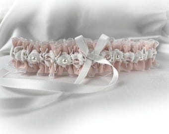 Personalised Blush and off white/ light Ivory garter Wedding bridal garter Vintage style inspired bridal garter UK