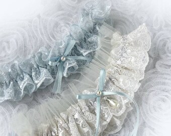 Ivoorkleurige lichtblauwe kant en net kousenbanden set Vintage geïnspireerde bruiloft gepersonaliseerd