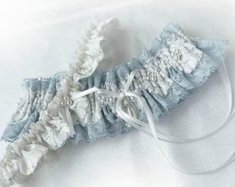UK Personalised light ivory Pale blue lace garter Wedding garter Vintage style bridal garters set