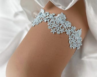 UK Gift Box Light Blue cotton lace garter pearls vintage wedding bridal toss through garter Personalised