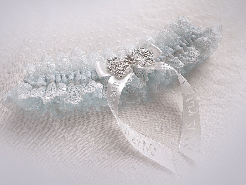 Vintage wedding bridal personalized garter light blue organza ivory lace