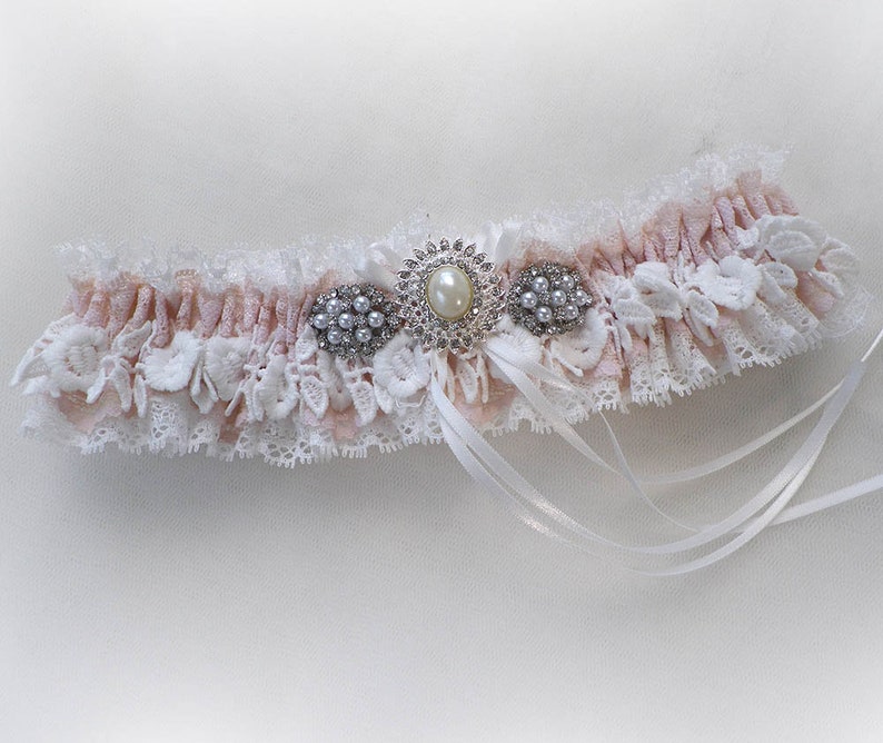 Personalized Off white Ivory light pink lace garter wedding bridal garter Vintage inspired