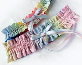 Personalised Pale rainbow wedding bridal garters Set UK