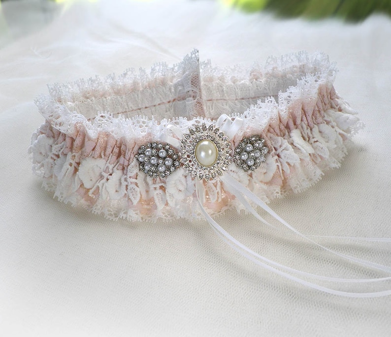 Personalized Off white Ivory light pink lace garter wedding bridal garter Vintage inspired