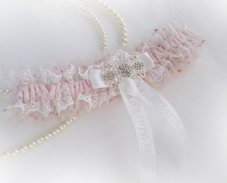 Vintage wedding bridal personalized garter light blue organza ivory lace