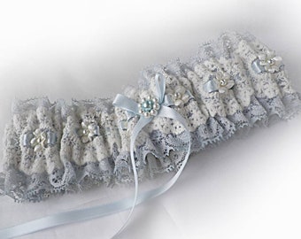 UK Light blue & ivory lace garter wedding bridal garter vintage inspired Personalised