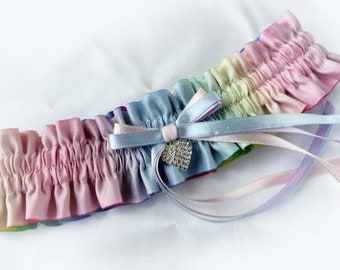 Personalised Pale rainbow wedding bridal garter UK