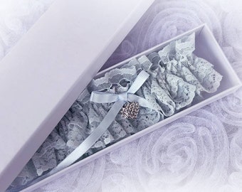 Boxed Pale Blue lace wedding bridal personalized garter vintage inspired UK