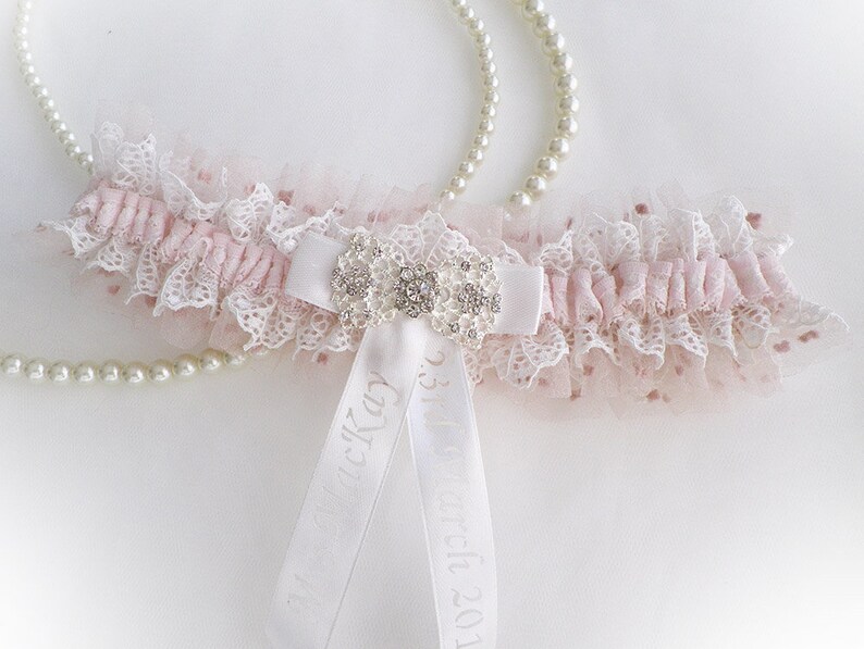 Vintage wedding bridal personalized garter light blue organza ivory lace