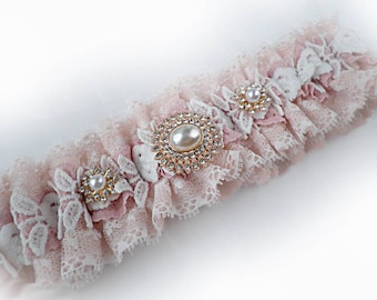 UK Personalised Pink Ivory Lace wedding bridal garter