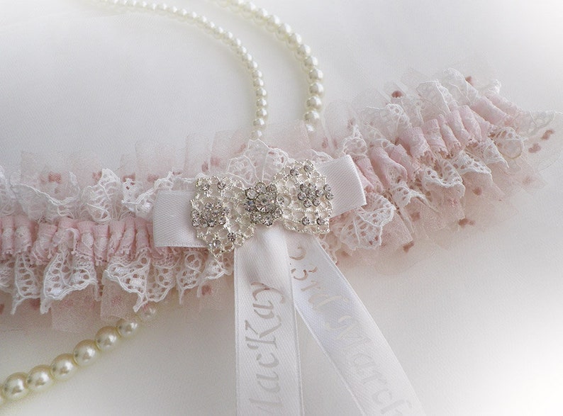 Vintage wedding bridal personalized garter light blue organza ivory lace
