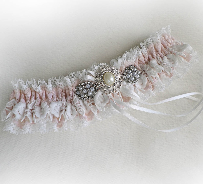 Personalized Off white Ivory light pink lace garter wedding bridal garter Vintage inspired