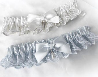 Boxed Personalised light blue /light ivory or white satin/lace garter wedding bridal bridesmaids toss hen throw