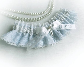 Personalized garter light Ivory blue lace wedding bridal bridesmaids garter vintage style garter something blue UK