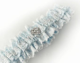 UK Personalised Light Blue and Ivory lace satin Wedding bridal garter Vintage style inspired