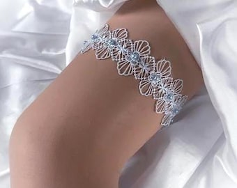 UK Boxed Powder Blue lace sequins light blue pearls garter vintage wedding bridal toss through garter Personalised