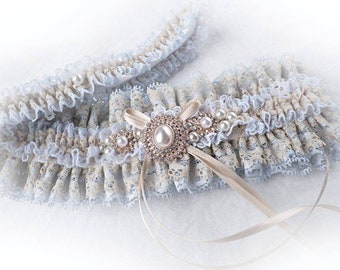 Personalised Light Blue and Champagne lace garters set Wedding garter Vintage style bridal