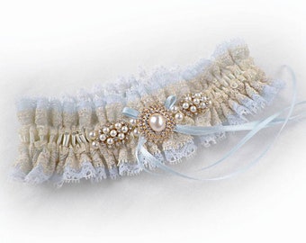 Jarretière en dentelle bleu ivoire et champagne jarretière de mariage jarretière de mariée inspirée de style vintage personnalisé